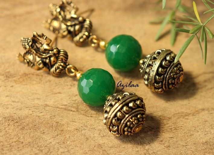 Antique Gold Ganesha handmade Green earrings