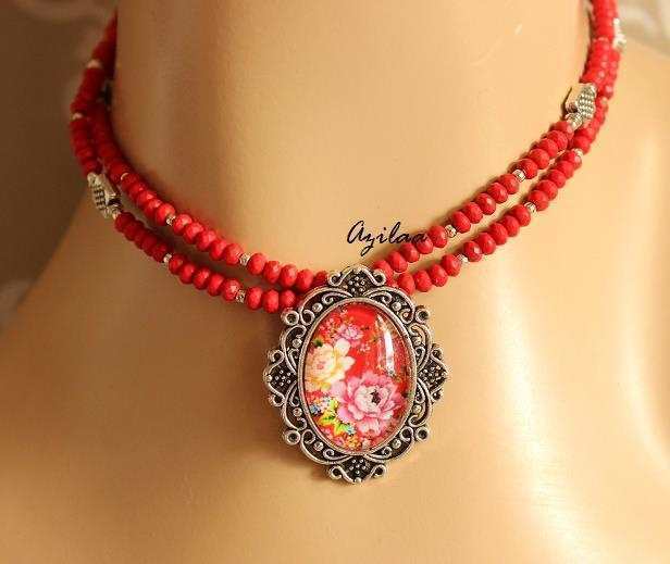 Antique style layered Red gemstone beaded necklace at 1950 Azilaa