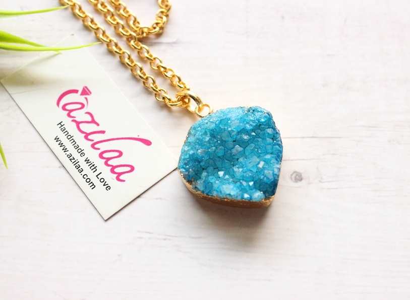 Blue Druzy gemstone gold plated pendant chain