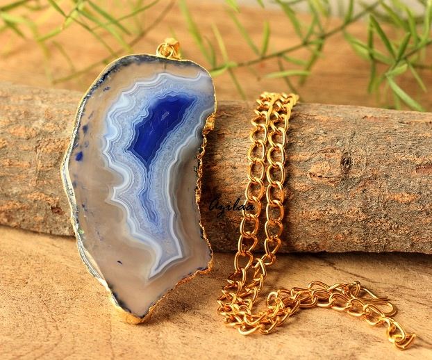 Blue Agate Gemstone Pendant Chain Necklace At 1450 Azilaa - Blue Agate Pendant Necklace