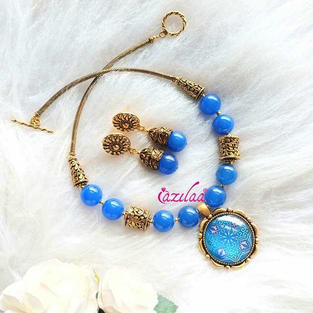 Blue mandala pendant necklace set, Antique gold tone necklace set