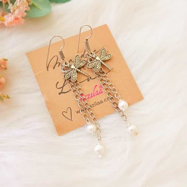 Cute dragonfly charm pearl designer earrings at 1550 Azilaa