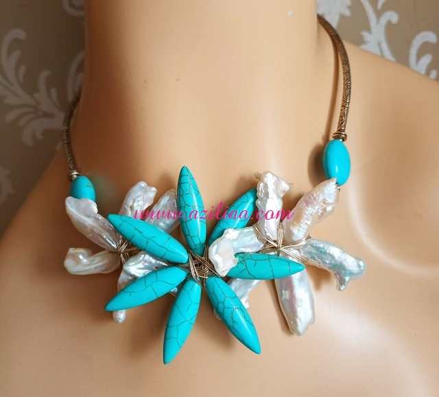Designer Biwa pearl turquoise blue necklace earrings set at 5950