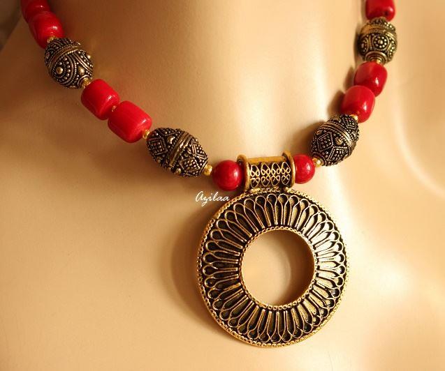 Donut pendant RED coral designer handmade necklace set at ₹2950