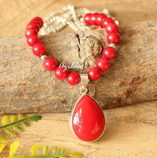 Elegant Red coral gemstone silver pendant necklace at ?5550