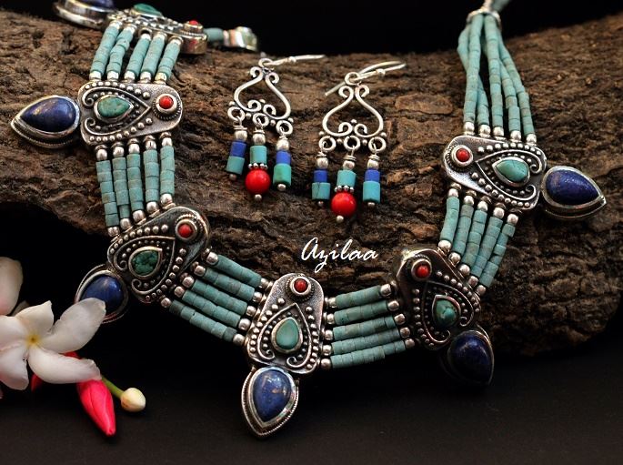 Ethnic Turquoise beaded gemstone handmade necklace earrings set at