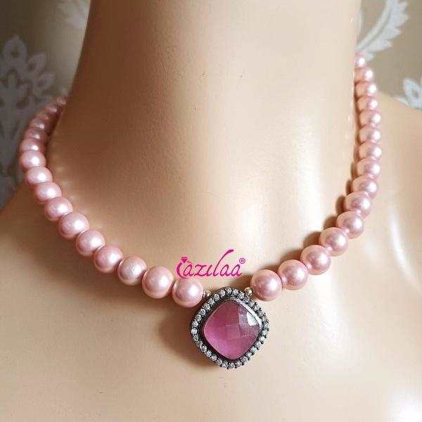 Pastel pearl cz pendant choker necklace earrings at ₹1400 | Azilaa