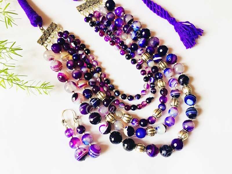 Purple agate layered gemstone handmade necklace at ₹5950 Azilaa