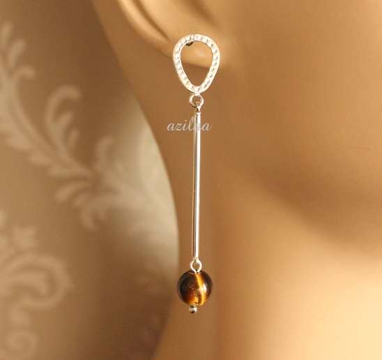 Quirky tiger eye sterling silver geometric designer earrings at
