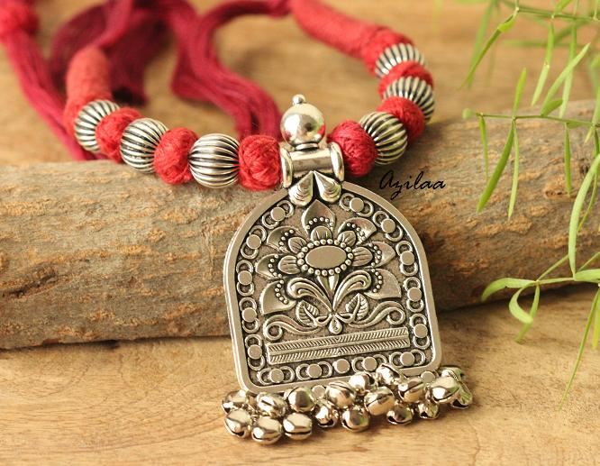 Red Ethnic oxidized silver plated thread handmade necklace set at