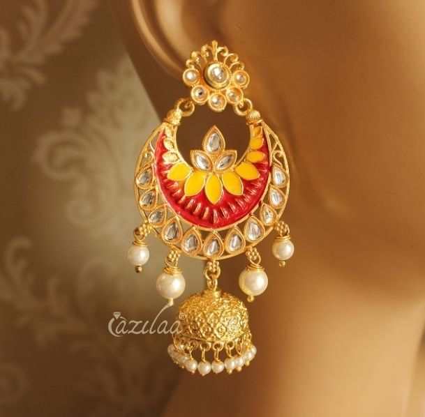 Red Golden enamel hand painted chandelier pearl earrings at 1950