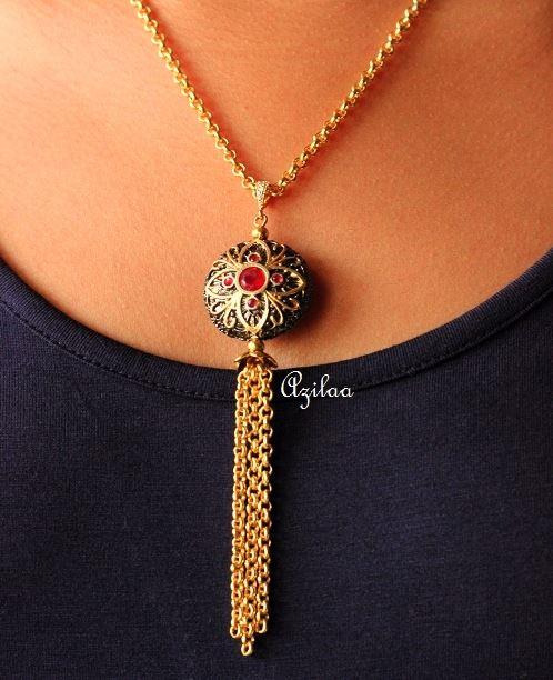 Red Lariat designer handmade gold plated chain tassel necklace at