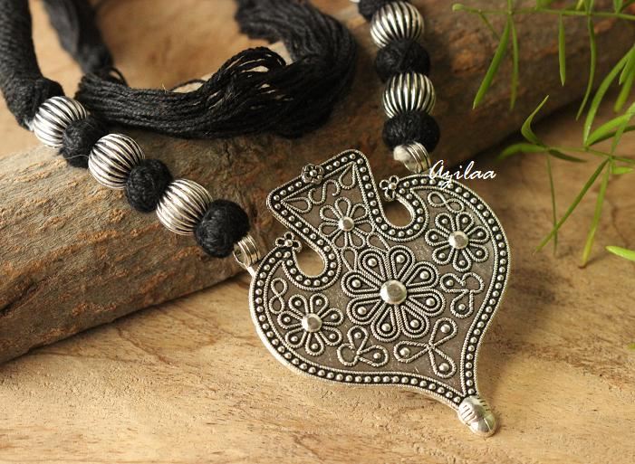 Oxidised Jewellery Black Thread With Silver Pendant Tribal