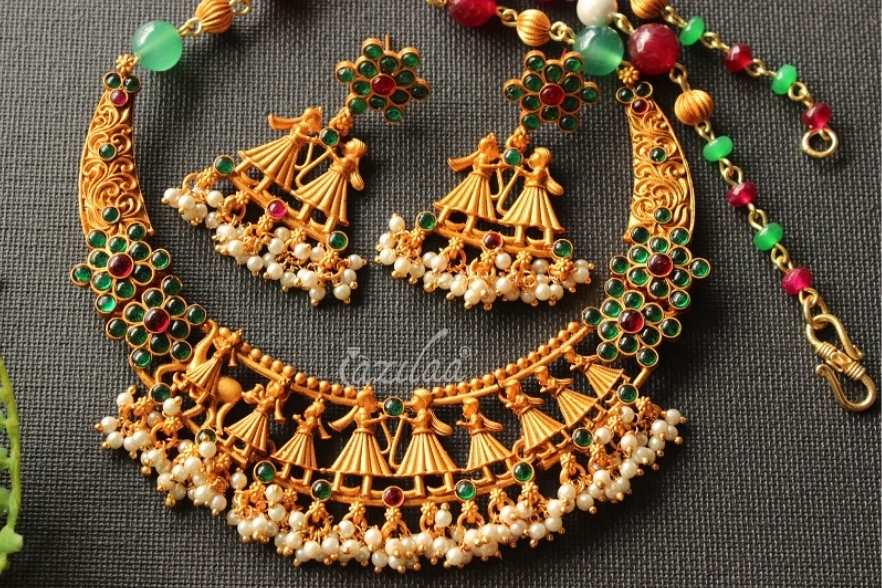 Wedding baraat green antique golden green gemstone choker set at