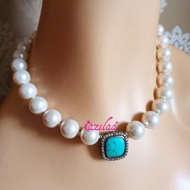 White pearl cz Turquoise blue pendant choker necklace earrings at