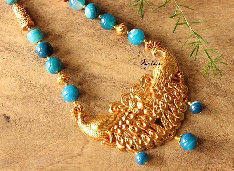  Blue Golden peacock Statement handmade necklace set