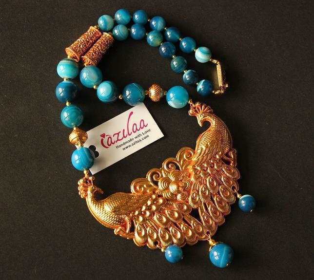  Blue Golden peacock Statement handmade necklace set