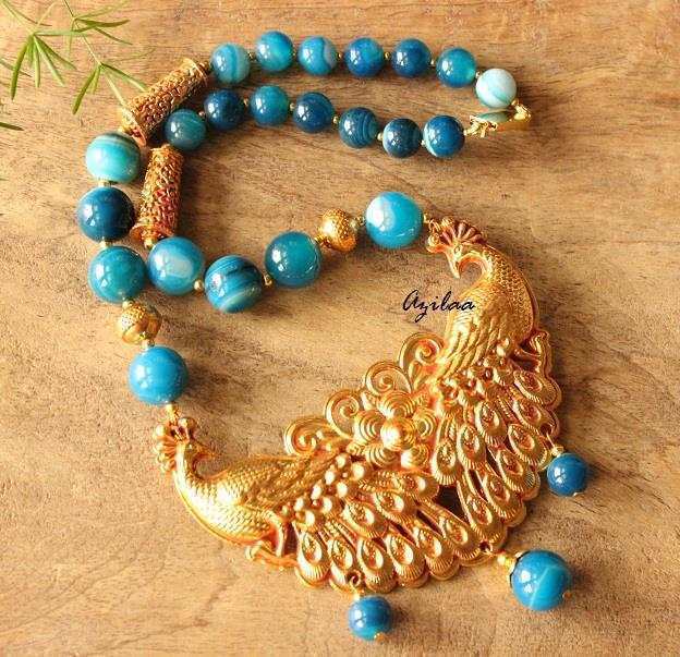  Blue Golden peacock Statement handmade necklace set
