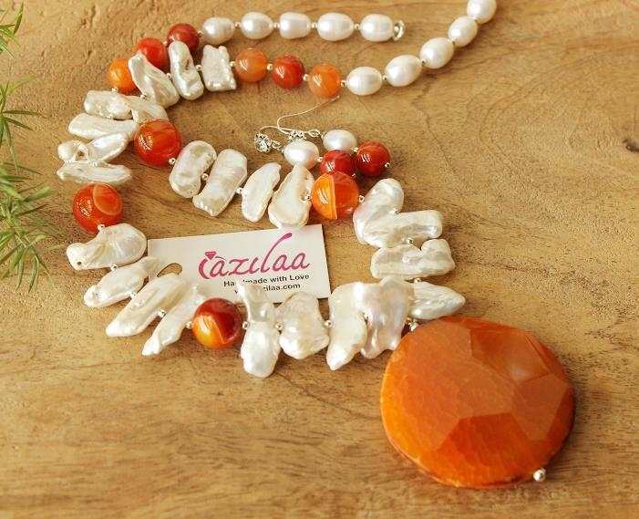  Designer Pearl orange Gemstone beaded Necklace set
