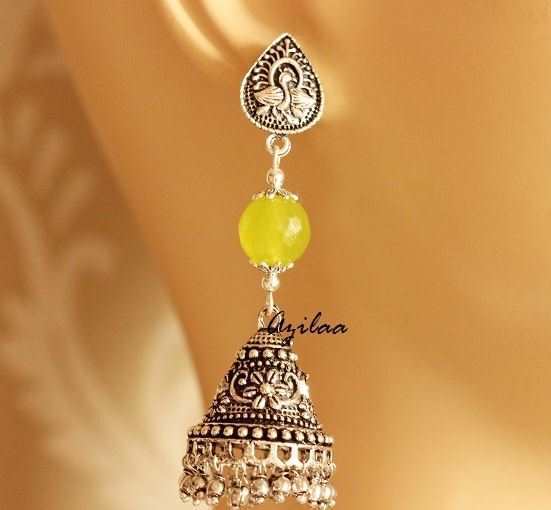  Ethnic lime green silver tone jhumki earrings