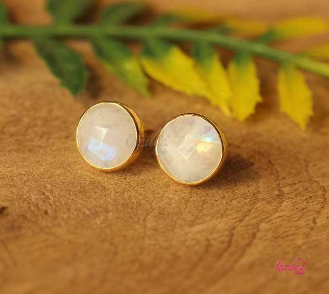18 karat yellow gold rainbow moonstone handmade earrings