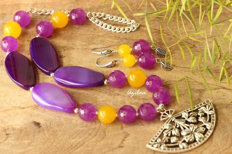 Agate gemstone purple handmade necklace set
