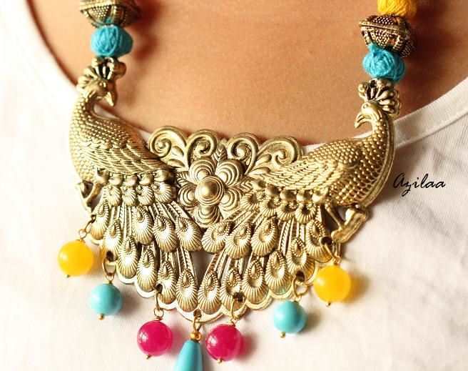 Antique Gold Statement peacock handmade gemstone necklace set