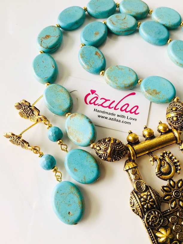 Antique gold Turquoise beaded gemstone handmade necklace set