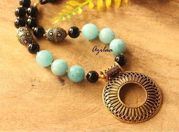 Antique gold tone Aqua Blue gemstone handmade necklace set