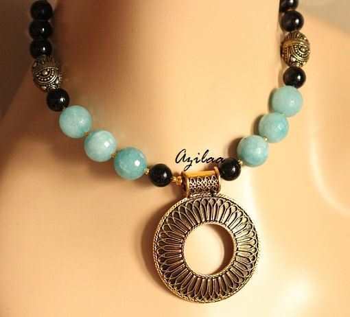 Antique gold tone Aqua Blue gemstone handmade necklace set