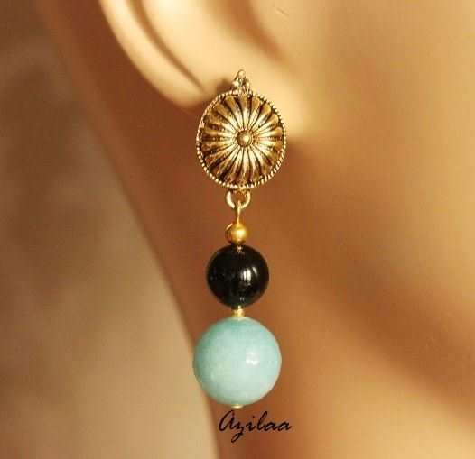 Antique gold tone Aqua Blue gemstone handmade necklace set