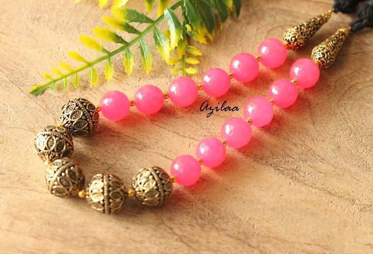 Antique gold tone hot pink agate gemstone handmade necklace 