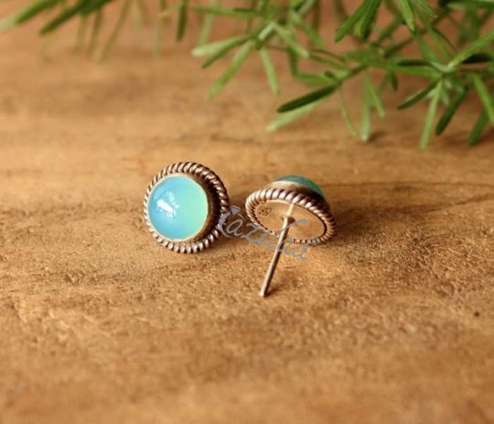 Aqua Chalcedony stud gemstone sterling silver handmade earrings