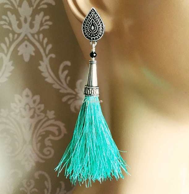 Aqua Pastel green silk tassel handmade post earrings
