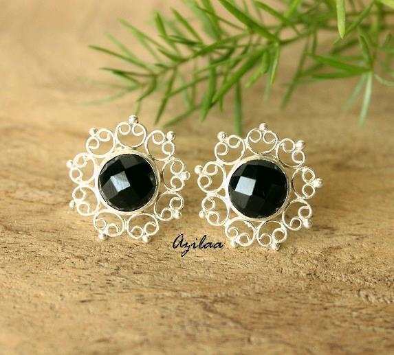 Artisan Black onyx  gemstone silver post earrings