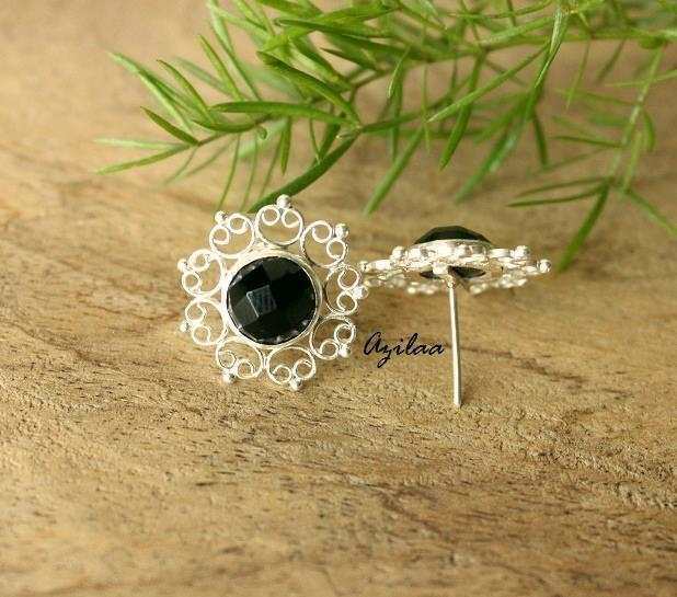 Artisan Black onyx  gemstone silver post earrings
