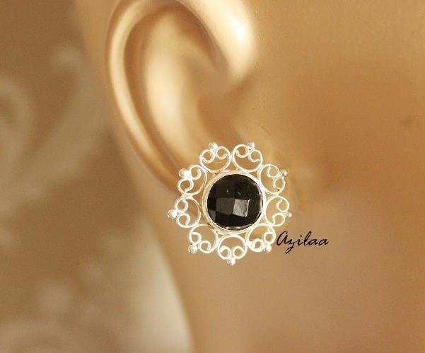 Artisan Black onyx  gemstone silver post earrings