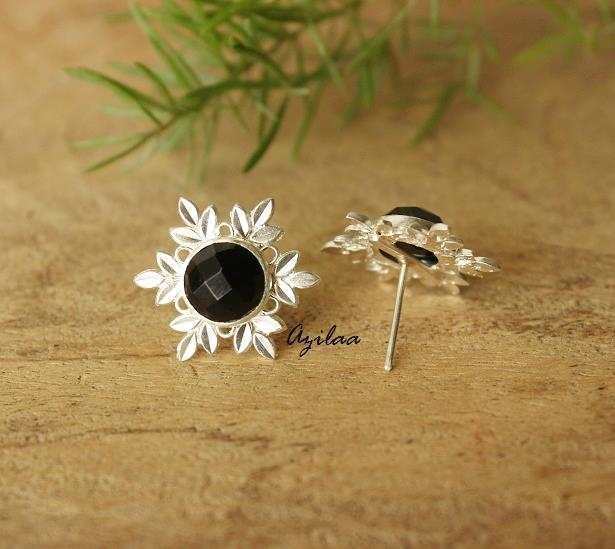 Artisan Black onyx  gemstone silver post earrings