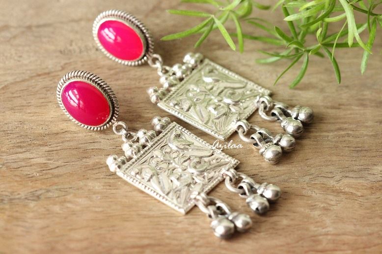 Artisan Pink gemstone silver artisan ethnic earrings