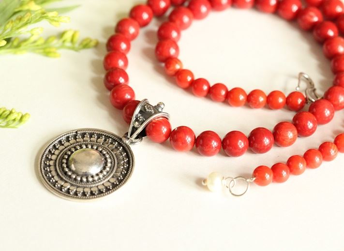 Artisan Red coral  ethnic gemstone necklace 