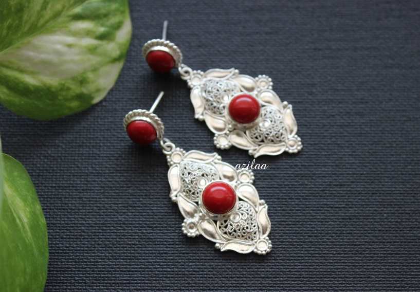 Artisan Red coral gemstone silver handmade earrings