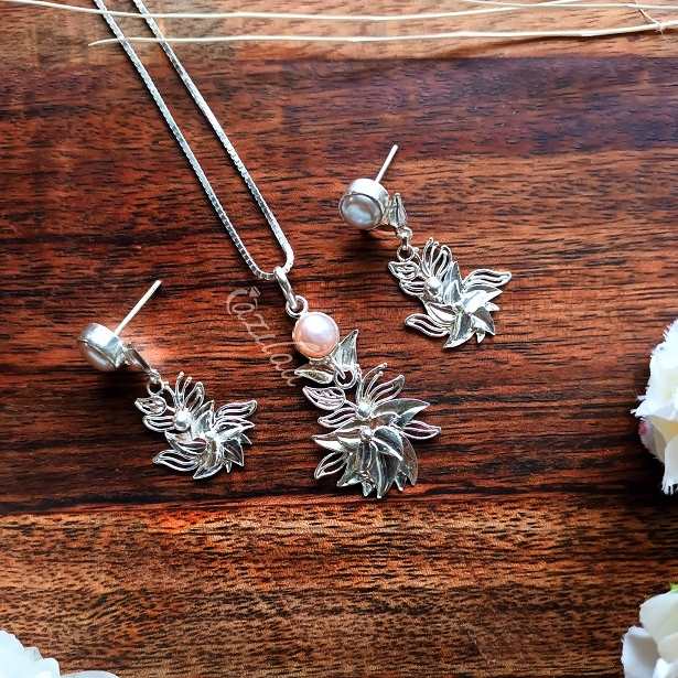 Artisan pearl pendant earrings sterling silver handmade set