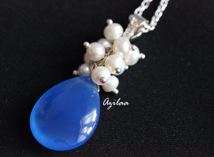BLUE Chalcedony Sterling Silver Gemstone pearl Pendant