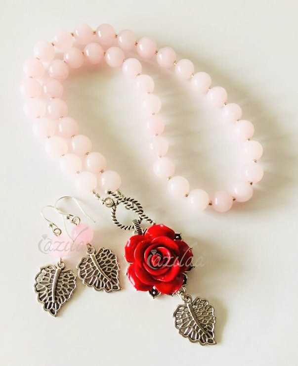 Baby pink Red rose pendant designer silver chain necklace set