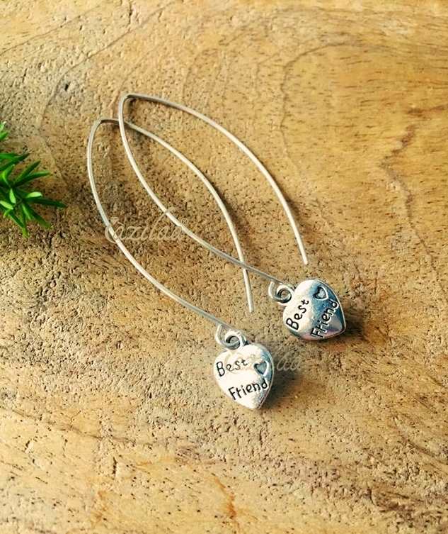 Best friends heart charm silver Long dangler earrings