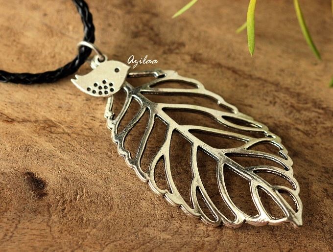 BigLeaf bird charm pendant with cord statement necklace 