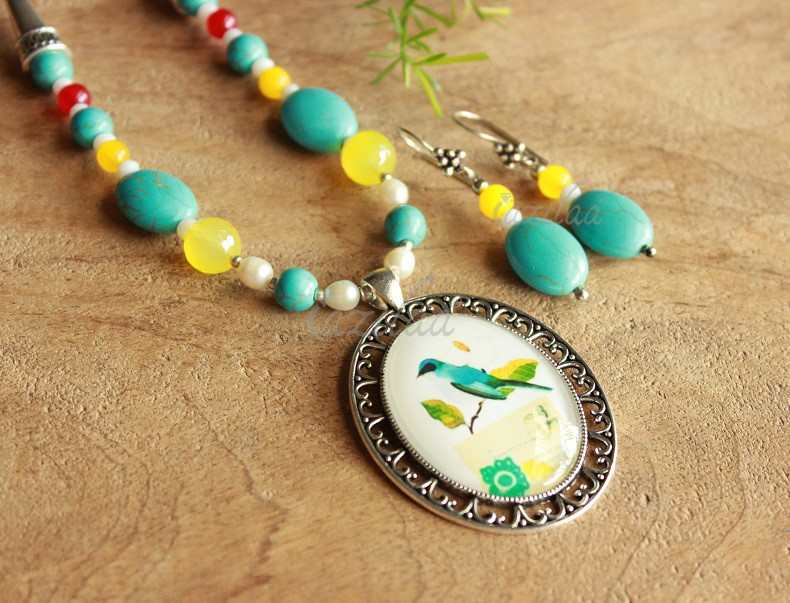 Blue Bird Contemporary pendant gemstone beaded  set