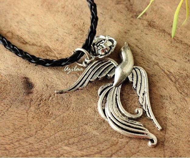 Bird  flower silver charm pendant with cord necklace 