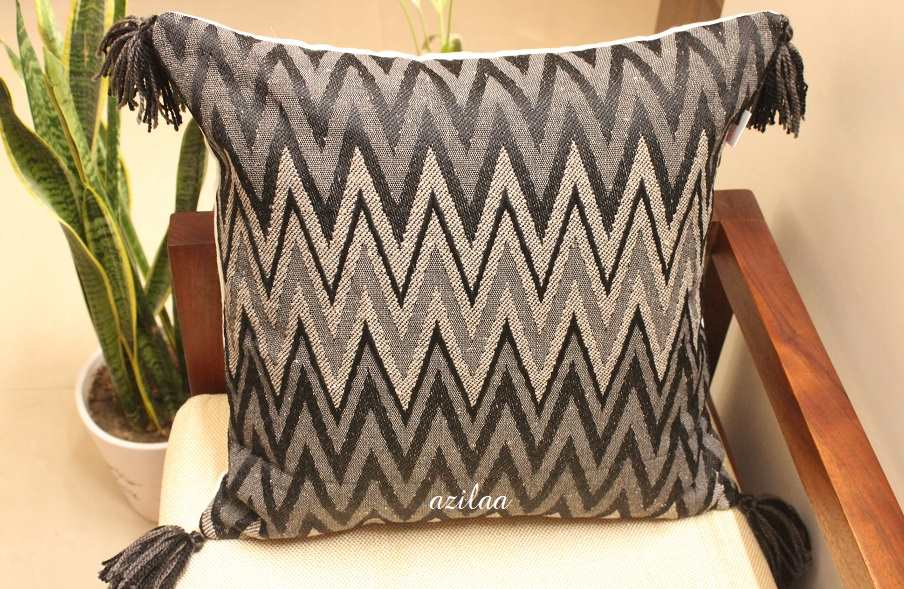 Black  Grey geometric handloom handmade cushion cover 1