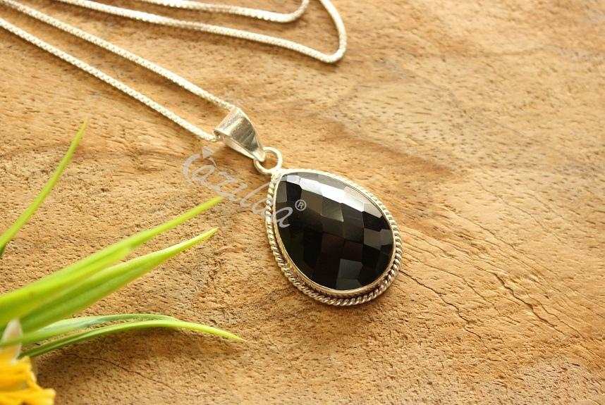 Black ONYX drop pendant, Gemstone handmade silver pendant at ₹5950 Azilaa